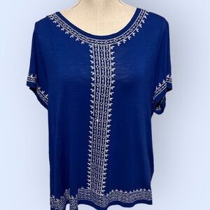 Rafaella blue top with white embroidery trim. Size Xl